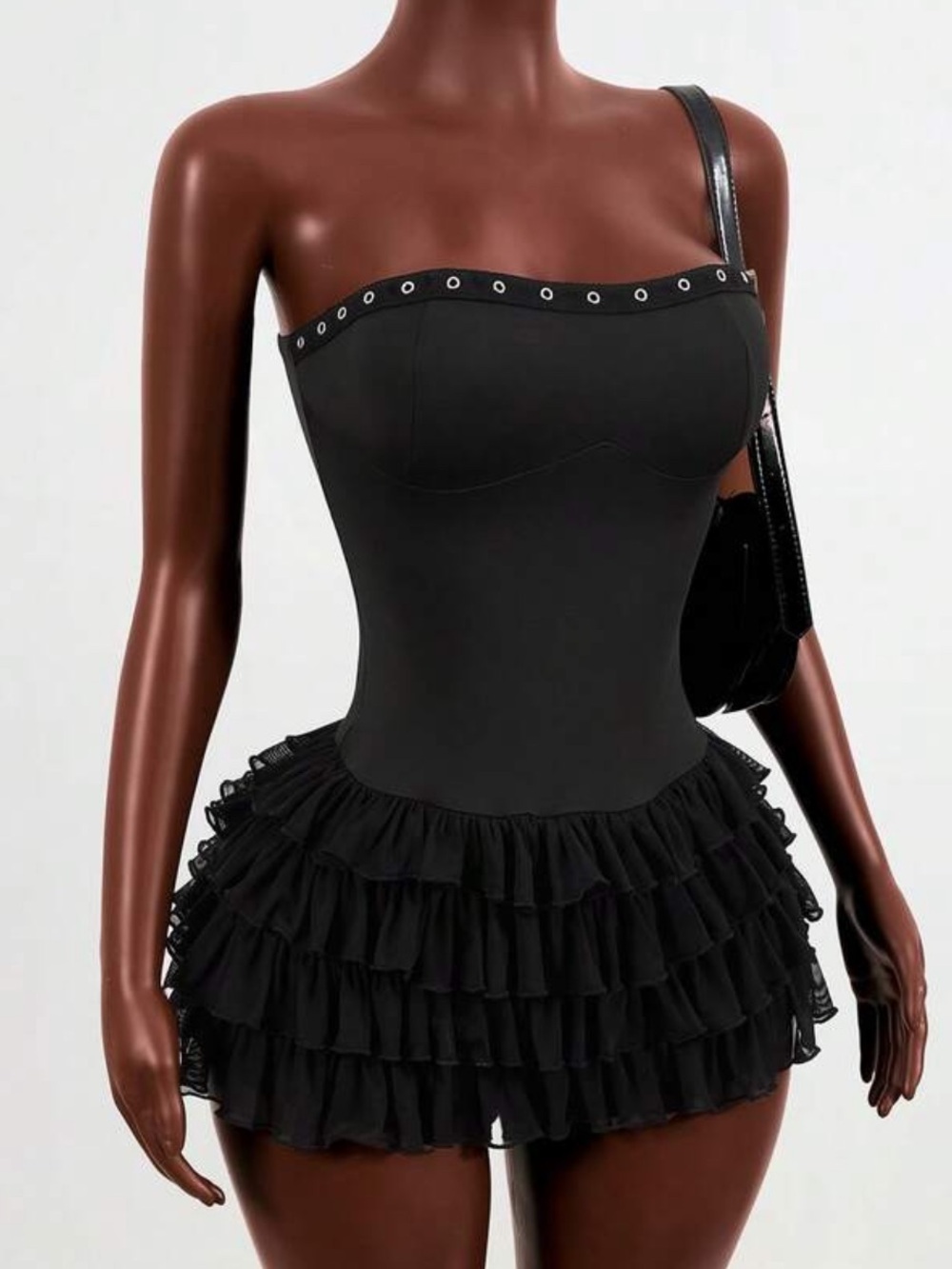 Black Strapless Ruffle Romper with Eyelet Trim